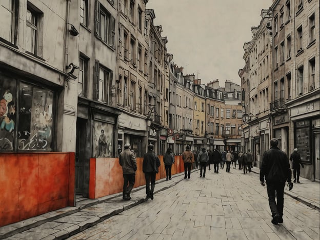 Das Bild zeigt eine Straße, die von älteren Gebäuden gesäumt ist, in einer urbanen Umgebung mit Passanten, die die Straße entlanggehen. Die Straßen sind gepflastert und es sind einige kreative Elemente sichtbar, wie die orangefarbenen Absperrungen, die möglicherweise Kunstwerke oder einen bestimmten städtischen Charakter repräsentieren.Antwerpen ist als Kunstmetropole bekannt und bietet eine Vielzahl an kulturellen Highlights. Die Stadt beherbergt zahlreiche Museen, darunter das Koninklijk Museum voor Schone Kunsten, das Werke von Albert Cuyp und Rubens zeigt. Außerdem ist Antwerpen für seine lebendige Graffiti- und Street-Art-Szene bekannt, die das urbane Landschaftsbild bereichert und den kreativen Geist der Stadt widerspiegelt. Dies wird durch die Passanten im Bild symbolisiert, die möglicherweise auf dem Weg zu einem der vielen kulturellen Highlights der Stadt sind.