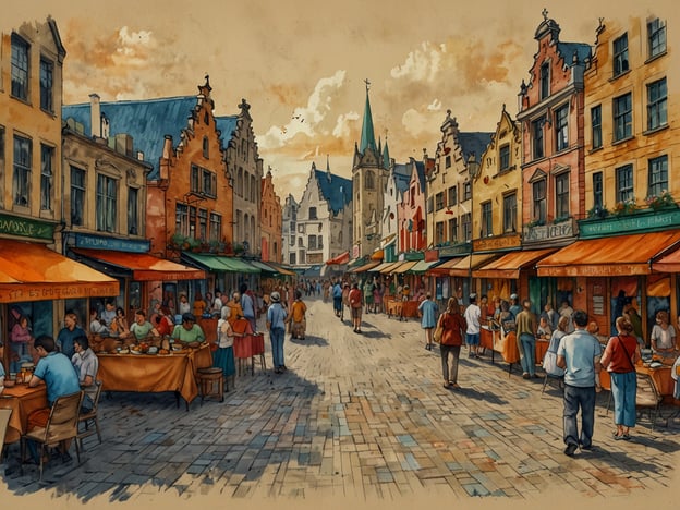 Auf dem Bild ist eine lebhafte Straße zu sehen, die von historischen Gebäuden mit bunten Fassaden gesäumt ist. Die Szenerie könnte während eines Festivals oder Marktes stattfinden, da viele Menschen draußen sitzen, essen und miteinander sprechen. Solche Veranstaltungen finden oft das ganze Jahr über statt, zum Beispiel:
- **Frühlingsmärkte**: Die Menschen feiern den Frühling mit lokalen Produkten und Blumenmärkten.
- **Sommerfeste**: Straßenfeste mit Musik, Essen und kulturellen Angeboten ziehen viele Besucher an.
- **Herbstfester**: Dies könnte eine Erntefeier sein, bei der regionale Köstlichkeiten angeboten werden.
- **Weihnachtsmärkte**: In der kalten Jahreszeit verwandeln sich solche Straßen in festliche Orte mit Lichtern und saisonalen Leckereien.
Die Atmosphäre des Bildes spiegelt eine fröhliche und gesellige Veranstaltung wider, die für die lokale Gemeinschaft von Bedeutung ist.
