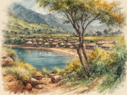 Eine malerische Landschaft zeigt einen ruhigen See, umgeben von sanften Hügeln und Bergen im Hintergrund. Am Ufer sind einige traditionelle Strohdächer von Hütten sichtbar, die in einer kleinen Siedlung gruppiert sind. Grüne Pflanzen und Sträucher säumen das Ufer, während einige Felsen im Vordergrund das Bild abrunden. Die Szenerie strahlt eine friedliche und natürliche Schönheit aus, die Burundi als das vergessene Juwel Afrikas hervorhebt.