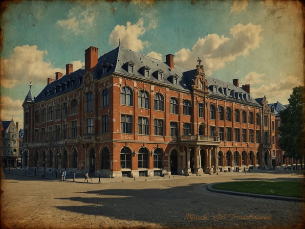 Auf dem Bild ist ein historisches Gebäude mit einer beeindruckenden Architektur zu sehen. Es könnte sich um ein Rathaus oder ein kulturelles Zentrum handeln, das mit seiner roten Ziegelfassade und den großen Fenstern besticht. Vor dem Gebäude erstreckt sich ein weitläufiger Platz, der zum Spazieren und Verweilen einlädt. Dort könnte man Menschen sehen, die flanieren oder sich mit Freunden treffen.Die Umgebung bietet sich möglicherweise für Aktivitäten wie Stadtführungen, Kaffeepausen in der Nähe oder das Erkunden von weiteren Sehenswürdigkeiten in der Umgebung an. Grüne Flächen und Bäume könnten dazu einladen, einfach die Atmosphäre zu genießen.