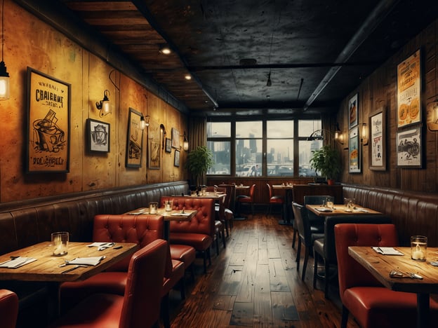 Auf dem Bild ist ein einladendes Restaurant zu sehen, das mit stilvollen rot-beigen Sitzbänken und Holztischen ausgestattet ist. Die Wände sind dekoriert mit künstlerischen Plakaten, die eine gemütliche Atmosphäre schaffen. Die große Fensterfront bietet einen Blick auf die skyline und verstärkt das Gefühl von Urbanität und Nachtleben.Hier könnten kulinarische Highlights serviert werden, von kreativen Cocktails bis hin zu gehobenen Speisen, die perfekt für ein Abendessen mit Freunden oder ein romantisches Treffen sind. Die stimmungsvolle Beleuchtung und das ansprechende Ambiente machen es zu einem idealen Ort, um den Abend ausklingen zu lassen und die kulinarischen Genüsse der Stadt zu erleben.