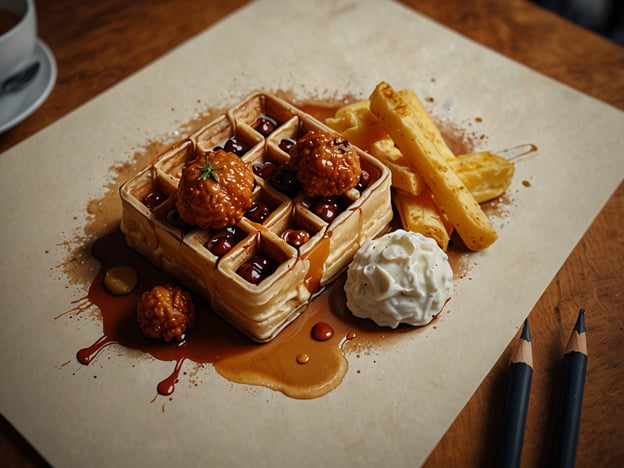 Auf dem Bild ist eine köstliche Waffel zu sehen, die mit verschiedenen süßen Toppings angerichtet ist. Die Waffel sieht besonders einladend aus, da sie mit einer Art karamellisierten Bällchen und einer großzügigen Portion Schlagsahne garniert ist. Neben der Waffel liegen auch goldbraun gebratene Pommes, die einen interessanten Kontrast zu den süßen Elementen bieten.Wenn du kulinarische Erlebnisse nicht verpassen möchtest, solltest du auf jeden Fall:1. **Waffeln mit frischen Früchten**: Diese Kombination ist ein Klassiker und bietet eine erfrischende Note.2. **Karamellsoße**: Nichts übertrifft die Kombination aus süßer Waffel und zartschmelzender Karamellsoße.3. **Selbstgemachte Schlagsahne**: Diese verleiht jedem Dessert das besondere Etwas.4. **Gourmet-Pommes**: Probiere mal Pommes mit verschiedenen Dips oder Gewürzen für ein neues Geschmackserlebnis.Solche Geschmackskombinationen machen das Essen zu einem unvergesslichen Erlebnis!
