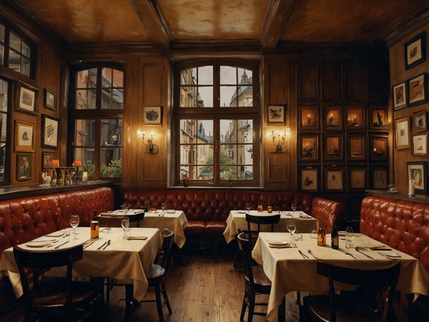 Auf dem Bild ist ein gemütliches Restaurant zu sehen, das durch eine warme, einladende Atmosphäre besticht. Die rot gepolsterten Sitzbänke und die eleganten Tische mit weißen Tischdecken verleihen dem Raum ein klassisches Flair.Kulinarische Highlights in einem solchen Ambiente könnten traditionelle Gerichte der Region sein, wie zum Beispiel:- **Hausgemachte Spätzle**: Ein Klassiker der deutschen Küche, oft serviert mit einer herzhaften Soße oder als Beilage zu Fleischgerichten.- **Rinderroulade**: Zarte, gefüllte Rinderroulade, die in einer reichhaltigen Soße geschmort wird, vielleicht begleitet von Rotkohl und Kartoffeln.- **Saisonale Spezialitäten**: Je nach Jahreszeit könnten frisch zubereitete Wildgerichte oder Spargelgerichte auf der Speisekarte stehen.Das Restaurant könnte sich zudem auf lokale Weine oder Craft Biere spezialisiert haben, die perfekt zu den angebotenen Speisen passen.