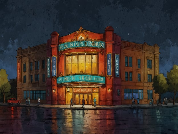 Auf dem Bild ist ein eindrucksvolles, beleuchtetes Gebäude zu sehen, das an ein Theater oder eine Varieté zeigt. Die lebendigen Farben und die markanten Schriftzüge deuten darauf hin, dass hier kulturelle Veranstaltungen wie Konzerte, Theateraufführungen oder Filmvorführungen stattfinden könnten. Solche Veranstaltungsorte sind oft Zentren für Kunst und Kultur in einer Stadt, wo Menschen zusammenkommen, um verschiedene Darbietungen zu genießen oder an Festivals teilzunehmen. Die nasse Straße reflektiert die Lichter und verstärkt die stimmungsvolle Atmosphäre eines lebhaften Abendkleidungsprogramms oder einer Premiere.