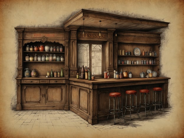 Auf dem Bild ist eine rustikale Bar oder ein Verkaufsstand zu sehen, der aus dunklem Holz gefertigt ist. Die Regale sind mit verschiedenen Gläsern und Töpfen gefüllt, die eine Vielzahl von kulinarischen Zutaten und Gewürzen darstellen könnten. Diese Art von Ambiente könnte gut zu einem kulinarischen Erlebnis in Mons passen, wo lokale Spezialitäten und Traditionen oft in historischen Rahmen präsentiert werden.In Mons gibt es viele Möglichkeiten, die regionale Küche zu entdecken, von typischen Gerichten bis hin zu lokalen Märkten, die frische, handwerklich hergestellte Produkte anbieten. Die Atmosphäre in solch einem Ort lädt dazu ein, die Geschmäcker und Aromen der Region zu genießen.