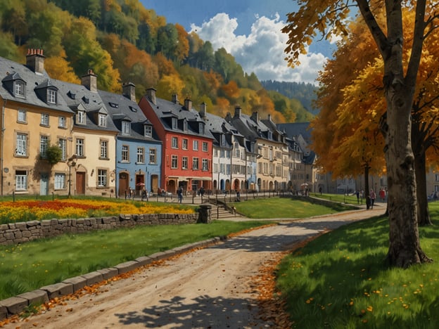 Auf dem Bild ist eine malerische Straßenszene zu sehen, die von bunten Häusern gesäumt ist, die sich harmonisch in die herbstliche Landschaft einfügen. Bäume mit orangenen und gelben Blättern umgeben die Straße, die von Spaziergängern genutzt wird.Die besten Reisezeiten für Echternach sind im Frühling (April bis Juni) und im frühen Herbst (September bis Oktober). In diesen Monaten kann man die natürliche Schönheit der Umgebung in vollen Zügen genießen, besonders während der herbstlichen Farbenpracht.