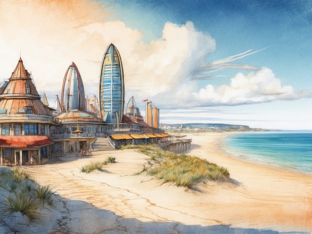 Auf dem Bild sind folgende Hauptattraktionen zu sehen:
1. **Moderne Architektur**: Eine interessante Kombination aus futuristischen Gebäuden und traditionelleren Bauwerken, die eine stilvolle Küstenpromenade schaffen.
2. **Strandlandschaft**: Ein malerischer Sandstrand, der zum Entspannen und für Wassersport einlädt.
3. **Meersicht**: Der Blick auf das ruhige Wasser des Meeres, das eine entspannende Atmosphäre vermittelt.
4. **Natürliche Elemente**: Grüne Dünen und sanfte Wolken am Himmel, die das Landschaftsbild abrunden.
Insgesamt wirkt die Szene einladend und legt den Fokus auf Freizeit und Erholung.