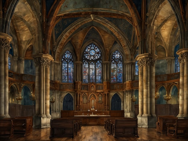Auf dem Bild ist eine beeindruckende Innensicht eines historischen Gebäudes zu sehen, das an die architektonischen Stile erinnert, die in vielen Kirchen und anderen Wahrzeichen von Vianden zu finden sind.In Vianden gibt es beispielsweise die beeindruckende Burg Vianden, die auf einem Hügel thront und eine Mischung aus romanischen und gotischen Elementen aufweist. Auch die Kirche St. Johannes, bekannt für ihre schönen Fenster und die ehrwürdige Atmosphäre, könnte eine solche Kulisse bieten.Die gotische Bauweise und die kunstvollen Fenster auf dem Bild könnten sich gut in das Gesamtbild der historischen Architektur von Vianden einfügen.