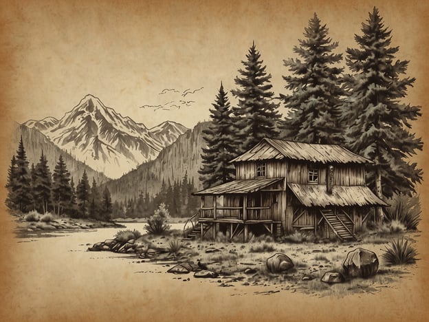 Auf dem Bild ist eine rustikale Holzhütte in einer idyllischen Berglandschaft zu sehen. Die Umgebung ist von hohen, grünen Tannenbäumen und majestätischen Bergen geprägt.Man könnte sich vorstellen, wie man an einem sonnigen Tag Wanderungen in der Natur unternimmt oder am Fluss angelt. Vielleicht verbringt man auch Zeit mit Freunden oder der Familie am Lagerfeuer, während man Geschichten erzählt und die Ruhe der Natur genießt. Die Szenerie lädt zu Aktivitäten wie Fotografie, Malen oder einfach nur zu entspannenden Momenten im Freien ein.