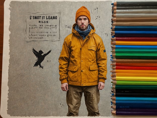 Auf dem Bild ist eine Person in einer gelben Jacke und einem orangefarbenen Hut zu sehen, die vor einer skizzenhaften Hintergrundgrafik steht. Rechts sind zahlreiche farbige Buntstifte angeordnet.Hier sind einige praktische Reisetipps, die auf das Bild anwendbar sind:1. **Schichten einpacken**: Achten Sie darauf, geeignete Kleidung in Schichten mitzunehmen, besonders für wechselhaftes Wetter. Eine wasserdichte Jacke kann hilfreich sein.2. **Farben auswählen**: Wenn Sie unterwegs Zeichnungen oder Notizen machen möchten, bringen Sie ein kleines Set farbiger Stifte oder Buntstifte mit, um die Umgebung festzuhalten.3. **Praktische Accessoires**: Nutzen Sie einen Schal oder eine Mütze, um sich bei kühlen Temperaturen warm zu halten.4. **Inspiration suchen**: Suchen Sie nach Locations, die künstlerische Inspiration bieten, und bringen Sie ein Skizzenbuch mit, um Ihre Erlebnisse festzuhalten.5. **Schutz vor Nässe**: Eine wetterfeste Jacke schützt Sie vor Regen und Wind, was besonders wichtig ist, wenn Sie in der Natur sind.