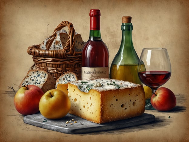 Auf dem Bild sind verschiedene kulinarische Elemente zu sehen, die typisch für Luxemburg sind. Im Vordergrund liegt ein Stück Käse, was auf die luxemburgische Käsevielfalt hinweist, wie zum Beispiel den „Kachkéis“ oder den „Gromperekichelcher“.Neben dem Käse befinden sich frische Äpfel, die eine wichtige Rolle in der luxemburgischen Gastronomie spielen. Äpfel werden oft in Desserts oder als Beilage verwendet.Außerdem sind Flaschen mit Wein und Öl zu sehen, die auf die luxemburgischen Weintraditionen hinweisen. Der „Elbling“ ist eine bekannte Weinsorte aus der Region. Die Kombination aus diesen Zutaten spiegelt die lokale Küche und die Liebe zu hochwertigen, regionalen Produkten wider.