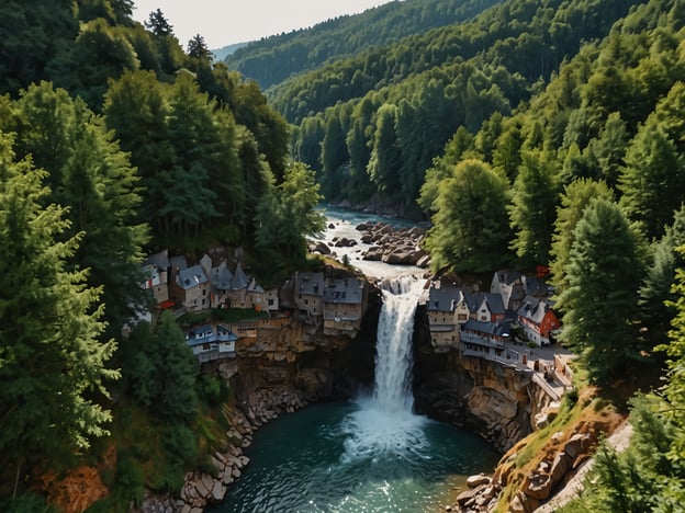 Auf dem Bild ist eine malerische Landschaft mit einem beeindruckenden Wasserfall zu sehen, der in einen klaren Bergsee stürzt. Umgeben von üppigen Wäldern, befinden sich kleine, charmante Häuser am Rand des Wassers.Für abenteuerlustige Personen könnten folgende Aktivitäten in dieser Umgebung spannend sein:1. **Wanderungen**: Die umliegenden Wälder bieten zahlreiche Wanderwege mit unterschiedlichen Schwierigkeitsgraden.2. **Klettern**: Der felsige Bereich um den Wasserfall könnte ideale Kletterrouten bieten.3. **Kayakfahren**: Das ruhige Wasser des Sees lädt dazu ein, mit dem Kajak oder Kanu das Ufer zu erkunden.4. **Fotografie**: Die beeindruckende Natur ist perfekt für beeindruckende Landschafts- und Makrofotografien.5. **Picknicken**: Ein Picknick mit Blick auf den Wasserfall und inmitten der Natur wäre ein tolles Erlebnis.Diese Aktivitäten ermöglichen es, die Schönheit der Natur hautnah zu erleben und gleichzeitig für Abenteuer zu sorgen.