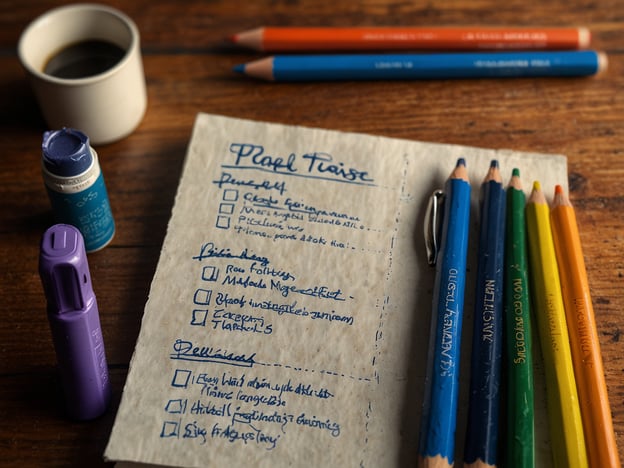 Auf dem Bild ist eine handgeschriebene Notiz zu sehen, die anscheinend Reisepläne oder Tipps beinhaltet. Daneben liegen verschiedene Farbstifte und ein schwarzer Marker sowie eine Tasse Kaffee.
### Nützliche Reisetipps:
1. **Planung**: Schreibe deine Reiseziele und Aktivitäten auf, um den Überblick zu behalten und nichts zu vergessen.
2. **Checkliste**: Erstelle eine Checkliste für notwendige Dinge, die du einpacken musst, um Stress zu vermeiden.
3. **Farbenfrohe Notizen**: Nutze verschiedene Farben, um deine Pläne visuell ansprechend zu gestalten und wichtige Punkte hervorzuheben.
4. **Kaffeepause**: Gönn dir regelmäßig Pausen, um deine Gedanken zu ordnen und kreative Ideen zu entwickeln.
5. **Flexibilität**: Sei offen für spontane Pläne und Veränderungen, die während der Reise auftreten können.
Diese Tipps können dazu beitragen, eine entspannte und gut organisierte Reise zu erleben. Gute Reise!
