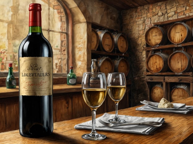 Auf dem Bild ist eine stilvolle Darstellung eines Weins, der auf einem Holztisch steht, umgeben von Gläsern mit Weißwein und einem kleinen Teller mit Käse. Der Hintergrund zeigt eine rustikale Weinkeller-Atmosphäre mit Holzfässern und einer warmen Farbpalette.In Differdingen gibt es viele kulinarische Erlebnisse, die solche Genüsse bieten. Besondere Wein- und Käseverkostungen können erlebt werden, oft in Kombination mit lokalen delicacies. Diese Veranstaltungen laden dazu ein, die Vielfalt der luxemburgischen Küche und Weinkultur zu entdecken und zu genießen.
