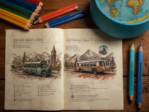 Auf dem Bild sind eine gezeichnete Reiseskizze und Notizen zu zwei verschiedenen Fahrzeugen, vermutlich Bussen, zu sehen. Diese Illustrationen zeigen, dass sie in einer bergigen Umgebung, möglicherweise in einem touristischen Gebiet, eingesetzt werden. In der Nähe befinden sich auch bunte Buntstifte und ein Globus.### Reisetipps:1. **Öffentliche Verkehrsmittel nutzen:** Überlege, die öffentlichen Verkehrsmittel zu nutzen, um die Umgebung umweltfreundlich zu erkunden. Informiere dich über Fahrpläne und Routen im Voraus.2. **Lokale Attraktionen erkunden:** Schau dir die Sehenswürdigkeiten an, die in der Nähe der Buslinien liegen. Oft gibt es interessante Orte und Landschaften zu entdecken.3. **Vorbereitung:** Achte darauf, ein Notizbuch und Stifte mitzunehmen, damit du deine Reiseerlebnisse festhalten kannst.### Sicherheitshinweise:1. **Wertgegenstände sichern:** Halte deine Wertsachen sicher und in Sichtweite, besonders in öffentlichen Verkehrsmitteln.2. **Informiere dich über die Umgebung:** Erkundige dich über die Sicherheit der Gebiete, die du besuchen möchtest, insbesondere wenn du in weniger touristische Regionen reist.3. **Notrufnummern abspeichern:** Stelle sicher, dass du die lokalen Notrufnummern in deinem Mobilgerät gespeichert hast, für den Fall, dass du Unterstützung benötigst.Viel Spaß beim Reisen und Entdecken neuer Orte!
