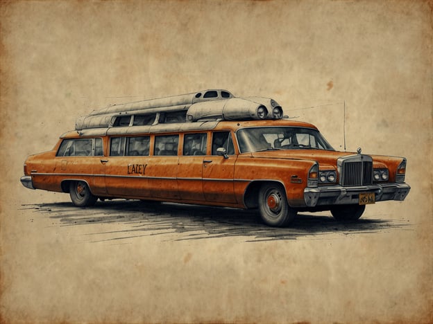 Auf dem Bild ist ein auffälliges, orangefarbenes Oldtimer-Auto zu sehen, das den Look eines großen Kombis oder einer Limousine hat. Auf dem Dach sind mehrere Gegenstände angebracht, die möglicherweise für Reisen oder Abenteuer genutzt werden, was auf einen praktischen Nutzen hinweist.**Praktische Informationen für deinen Besuch:**1. **Fahrzeugausstellungen:** Wenn du an klassischen Autos interessiert bist, besuche ein Automuseum oder eine Oldtimerausstellung. Dies bietet die Möglichkeit, mehr über historische Fahrzeuge zu erfahren.2. **Fotografie:** Alte Autos eignen sich hervorragend für Fotos. Suche nach einer interessanten Kulisse, um die Fahrzeuge in Szene zu setzen.3. **Roadtrips:** Das Bild erinnert an Roadtrips in den USA. Plane deine eigene Reise und entdecke interessante Routen und Sehenswürdigkeiten.4. **Fahrzeugvermietungen:** Falls du ein ähnliches Auto fahren möchtest, erkundige dich nach Vermietungen von Oldtimern oder speziellen Fahrzeugen für besondere Anlässe.5. **Basteltipps:** Wenn du selbst an Autos oder Restaurierungen interessiert bist, suche nach Workshops oder Kursen, die dir helfen, mehr über die Pflege und Restaurierung alter Fahrzeuge zu lernen.Viel Spaß beim Erkunden!