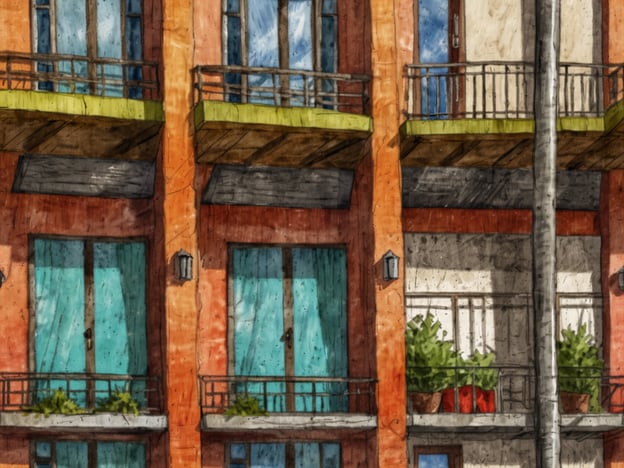 Auf dem Bild sind mehrere Balkone einer Gebäudefassade zu sehen. Die Balkone sind mit Pflanzen dekoriert und verfügen über Türen in einer hellen Türkisfarbe. Die Architektur wirkt modern und freundlich.Wenn es um Unterkünfte geht, könnten solche Balkone in einem Hotel oder einem Apartmentgebäude zu finden sein. Diese Art von Übernachtungsmöglichkeiten könnte eine angenehme und entspannte Atmosphäre bieten, ideal für Reisende, die einen Ausblick auf die Umgebung genießen möchten.
