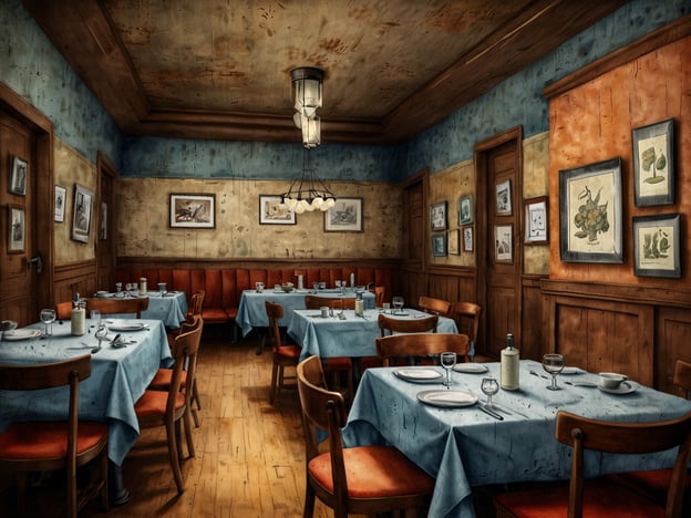 Auf dem Bild ist ein gemütliches Restaurant zu sehen, das mit blauen Tischdecken dekoriert ist. Die Einrichtung strahlt eine rustikale und einladende Atmosphäre aus, ideal für kulinarische Höhepunkte.Stellen Sie sich vor, die Tische sind gedeckt für ein feines Dinner, vielleicht mit einer Auswahl an regionalen Spezialitäten wie frisch zubereitetem Fisch, saisonalem Gemüse oder traditionellen Fleischgerichten. Eine exquisite Weinkaraffe könnte auf dem Tisch stehen, um die Speisen zu beg accompany. Die Wände sind mit kunstvollen Bildern dekoriert, die die kulinarische Kultur des Ortes widerspiegeln und das Ambiente weiter bereichern. Ein perfekter Ort für ein Geschmackserlebnis!