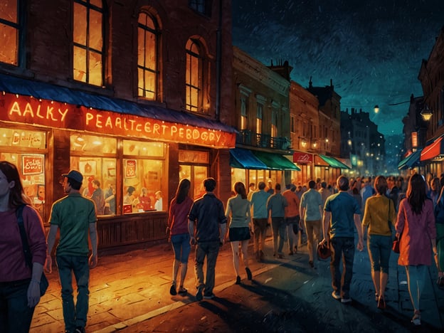 Auf dem Bild ist eine pulsierende Nachtleben-Szene zu sehen. Menschen schlendern auf einer belebten Straße, die von bunten Lichtern und einladenden Schaufenstern gesäumt ist. Die Atmosphäre wirkt lebhaft und einladend, während die Umgebung in warmen Farben erleuchtet ist, die ein Gefühl von Geselligkeit und Freude vermitteln. Es scheint, als ob die Menschen die Nacht genießen und sich auf ein gemeinsames Erlebnis einlassen.