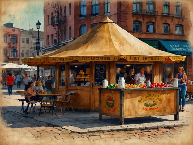 Auf dem Bild ist ein rustikaler Marktstand zu sehen, der in einer belebten Straße aufgestellt ist. Solche Stände sind typisch für Krakau und bieten eine Vielzahl kulinarischer Highlights an.Ein besonderes Highlight sind die berühmten **Obwarzanki**, eine Art Krakauer Brezel, die oft frisch gebacken und mit verschiedenen Toppings angeboten werden. Zudem findet man häufig **Pierogi**, gefüllte Teigtaschen, die in verschiedenen Variationen erhältlich sind.Frische Produkte, wie Obst und Gemüse, sind ebenfalls typisch und tragen zur lebhaften Atmosphäre der Stadt bei. Der Stand vermittelt eine einladende Stimmung, die die gastronomische Vielfalt Krakaufs widerspiegelt.