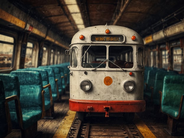 Auf dem Bild ist ein älterer Straßenbahnwagen zu sehen. Er steht auf den Schienen und innerhalb des Wagens sind grüne Sitze sichtbar. Die Innenansicht wirkt vernachlässigt und hat einen nostalgischen Charakter. Ein weiteres Merkmal ist die frontale Ansicht der Straßenbahn, die ein einzigartiges Design aufweist.