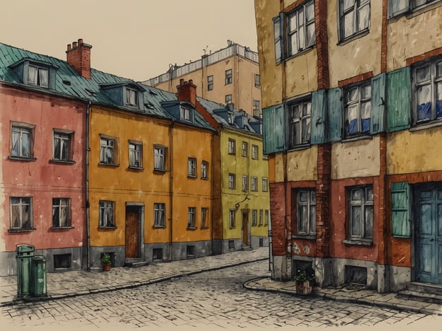 Auf dem Bild sind bunte, historische Gebäude in einer Stadt zu sehen, möglicherweise eine knifflige Straßenansicht. Die Häuser haben unterschiedliche Farben, wie Rosa, Gelb und Orange, und besitzen Fenster mit grünen Fensterläden. Es gibt auch eine gepflasterte Straße und einige Pflanzen, die vor den Häusern stehen.Wenn du nach einer Unterkunft in Posen suchst, gibt es dort viele charmante Hotels und historische Pensionen, die eine angenehme Atmosphäre bieten und in der Nähe solcher malerischen Straßen liegen.