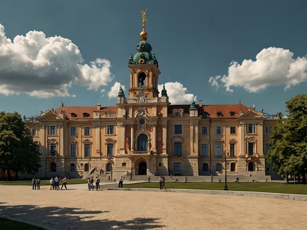 Auf dem Bild ist ein beeindruckendes Schloss zu sehen, das architektonisch sehr ansprechend gestaltet ist. Es gehört zu den bedeutenden Sehenswürdigkeiten in der Umgebung und könnte für Besucher interessant sein, die sich für Geschichte und Architektur interessieren.In der Umgebung sieht man Menschen, die gemütlich spazieren gehen und die Aussicht genießen. Die gepflegte Grünanlage lädt zu Aktivitäten wie Picknicken oder Entspannen im Freien ein. Eventuell gibt es auch Führungen durch das Schloss, bei denen man mehr über die Geschichte des Gebäudes und seine Bedeutung erfahren kann.