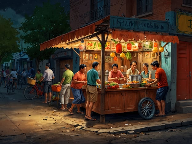 Auf dem Bild sieht man einen lebhaften Nachtmarkt, an dem Menschen zusammenkommen, um frische Lebensmittel zu kaufen und zu verkaufen. Der Markt ist von bunten Laternen und einem einladenden Stand geprägt, an dem frisches Obst und Gemüse angeboten werden. Dies ist typisch für viele asiatische Länder, wo Straßenmärkte eine zentrale Rolle in der lokalen Kultur spielen.Die Atmosphäre ist gesellig und freundlich, mit Menschen, die miteinander plaudern und die Waren auswählen. Die lokale Küche spiegelt sich in den einfachen, aber schmackhaften Gerichten wider, die oft aus saisonalen Zutaten zubereitet werden. Specialties wie frische Nudeln oder gebratene Snacks könnten hier zum Verkauf stehen.Solche Märkte sind nicht nur ein Ort für den Austausch von Lebensmitteln, sondern auch für soziale Interaktion und Gemeinschaftserleben, was ein wichtiger Bestandteil der Kultur in vielen Regionen ist.
