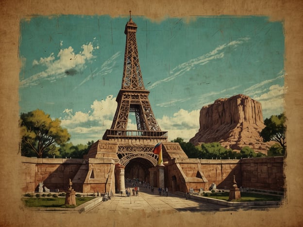 Auf dem Bild ist eine stilisierte Darstellung des Eiffelturms zu sehen, der in einem malerischen Umfeld platziert ist. Er ist ein ikonisches Wahrzeichen von Paris, das man nicht verpassen sollte.In der Umgebung sind weitere Elemente angedeutet, die an Monumente oder beeindruckende Felsformationen erinnern, möglicherweise inspiriert von Sehenswürdigkeiten wie den Felsen des Monument Valley in den USA. Diese majestätischen Landschaften sind ebenfalls sehr reizvoll für Reisende.Für eine Reise nach Paris sind natürlich auch der Arc de Triomphe, der Louvre und die Seine-Ufer unverzichtbare Attraktionen. Wenn du die Natur bevorzugst, solltest du das Monument Valley und den Grand Canyon in Betracht ziehen, die für ihre beeindruckenden Felsformationen und atemberaubenden Ausblicke bekannt sind.