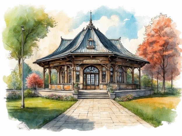 Auf dem Bild ist ein wunderschönes, architektonisch gestaltetes Gebäude zu sehen, das an ein nostalgisches Pavillon erinnert. Die Struktur hat ein elegantes, geschwungenes Dach und große Fenster, die viel Licht hereinlassen. Umgeben ist es von einem gepflegten Garten mit bunten Blumen und harmonischen Bäumen, die eine freundliche Atmosphäre schaffen.
In der Geschichte von Skara Sommarland, einem schwedischen Freizeitpark, könnte dieses Gebäude als eine der Attraktionen fungieren, die den Besuchern sowohl Spaß als auch Erholung bietet. Stellen wir uns vor, dass es ein Ort ist, an dem Familien sich versammeln können, um sich auszuruhen und die Energie für die aufregenden Fahrgeschäfte und Wasserrutschen zu tanken. Solche Gebäude sind häufig in Freizeitparks zu finden und tragen zur einladenden Stimmung bei, während sie gleichzeitig eine Verbindung zur Natur und zur Gemeinschaft fördern.