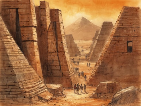 Eine monumentale Landschaft mit pyramidenartigen Strukturen im Sudan, umgeben von sandigem Gelände. In der Ferne erhebt sich eine große Pyramide unter einem orangefarbenen Himmel. Mehrere Menschen sind in der Mitte des Bildes sichtbar, die eine Gruppe bilden und durch die Pyramidenstruktur wandern. Die Architektur der Pyramiden zeigt eine robuste, gealterte Fassade mit deutlichen Linien und Kanten, die den historischen Charakter betonen. Die gesamte Szene vermittelt ein Gefühl von Entdeckung und vergangener Zivilisation.