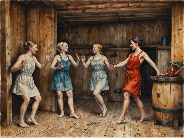Auf dem Bild sind vier Frauen in lässigen Kleidern zu sehen, die in einem rustikalen Raum mit Holzwänden fröhlich tanzen und miteinander interagieren. Die Atmosphäre wirkt entspannt und gesellig.Diese Szene könnte Anklänge an lokale Bräuche in ländlichen Regionen haben, wo das Feiern und gemeinsame Tanzen eine zentrale Rolle im sozialen Leben spielt. Solche Traditionen sind oft in Feiern, Festen oder während der Erntezeit zu finden. In vielen Kulturen, insbesondere im skandinavischen Raum, wird Tradition oft mit Gesang und Tanz verbunden, um Gemeinschaft zu fördern und Freude auszudrücken.Die einfache Bekleidung der Frauen könnte ein Hinweis auf eine Sommerfestivität oder eine Art von traditionellem Brauch sein, der Leichtigkeit und Ungezwungenheit symbolisiert. Die Umgebung, die mit Holz gestaltet ist, vermittelt ein Gefühl von Heimatverbundenheit und regionaler Authentizität. Darüber hinaus könnte die Präsentation von frischen Lebensmitteln wie Tomaten auf dem Tisch die Verbindung zur Natur und den Wert lokaler Erzeugnisse betonen, die in vielen Kulturen von Bedeutung sind.