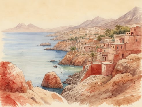 Ein malerischer Küstenabschnitt von Eritrea ist zu sehen. Die Gesteinsformationen ragen ins Wasser, während sanfte Wellen gegen die Küste schlagen. Im Hintergrund erstreckt sich eine Reihe von Hügeln, die in sanften Farben dargestellt sind. An der Küste befinden sich mehrere traditionelle Häuser mit flachen Dächern, umgeben von Palmen. Das gesamte Bild vermittelt eine ruhige Atmosphäre, die die Schönheit und Geschichte der eritreischen Küstenlandschaft widerspiegelt.