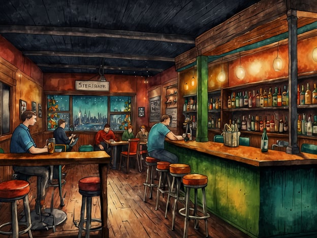Auf dem Bild sieht man eine gemütliche Bar, die an das lebhafte Nachtleben von Riga erinnert. Die warmen Farben und die Holzverkleidung schaffen eine einladende Atmosphäre. Die Gäste scheinen entspannt zu sein und genießen ihre Getränke, während sie sich unterhalten oder lesen.In Riga sind Bars und Kneipen ein wichtiger Teil der Kultur, und man findet dort oft lokale Spezialitäten wie den traditionellen Schwarzkümmel-Schnaps oder die berühmte lettische Bierauswahl. Typische Snacks könnten Kartoffelpuffer oder Geräucherte Fische sein, die perfekt zu einem kühlen Bier passen. Das Nachtleben in Riga ist bekannt für seine Vielfalt, von rustikalen Pubs bis hin zu modernen Cocktailbars, was das Erlebnis unvergesslich macht.
