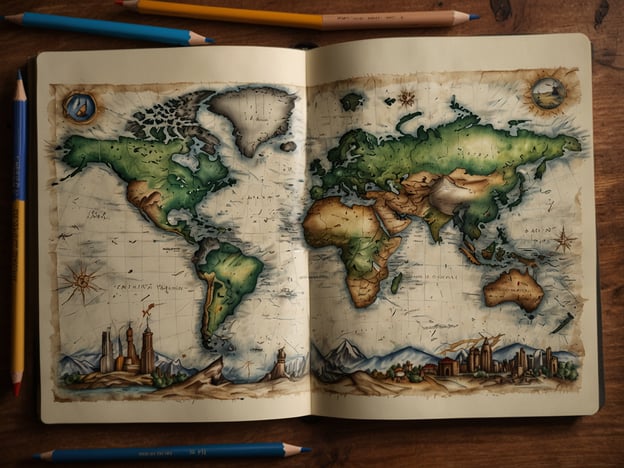 Auf dem Bild ist eine künstlerische Weltkarte zu sehen, die geografische Elemente und mögliche Reiseziele darstellt. Die beste Reisezeit hängt stark von den Regionen ab, die man besuchen möchte. Zum Beispiel ist der Sommer in Europa und Nordamerika ideal für aktive Reisen, während der Winter für Skigebiete in den Alpen oder den Rocky Mountains perfekt ist.Das Klima variiert je nach Kontinent: In den Tropen ist es warm und feucht, während in arktischen Regionen kalte Temperaturen vorherrschen. Daher ist es wichtig, sich vor einer Reise über die jeweiligen klimatischen Bedingungen zu informieren, um die beste Reisezeit auszuwählen.