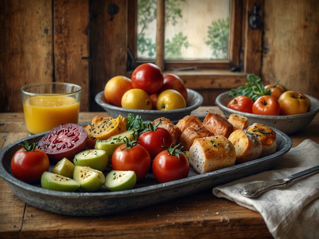 Auf dem Bild sind kulinarische Köstlichkeiten zu sehen, die an die frischen, saisonalen Produkte im Baltikum erinnern. Es gibt eine Auswahl an verschiedenen frischen Tomaten und Äpfeln, die für ihre geschmackliche Vielfalt bekannt sind. Auch die Äpfel des Baltikums sind sehr beliebt und werden oft in regionalen Gerichten verwendet.Die Präsentation auf dem Tablett mit frischen Zutaten und einem Glas Orangensaft vermittelt ein einladendes und rustikales Ambiente, das für die traditionelle baltische Küche typisch ist. Eine solche Zusammenstellung könnte Teil eines Frühstücks oder einer leichten Mahlzeit sein, die die Aromen und die Frische der Region zelebriert.