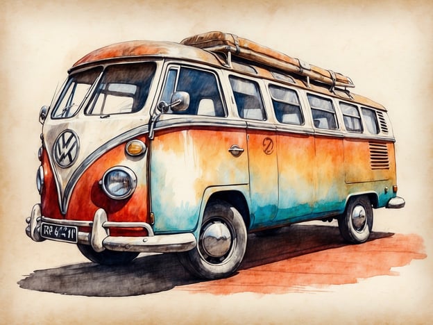 Auf dem Bild ist ein VW Bulli, ein klassischer Volkswagen-Transporter, zu sehen. Er hat eine markante Farbgebung in Orange und Blau mit einem nostalgischen Flair, das an die 1960er Jahre erinnert. Solche Fahrzeuge sind besonders bei Camping- und Reisefans beliebt.
**Tipps für den Besuch:**
1. **Prüfen Sie lokale Veranstaltungen:** Oft gibt es VW Bulli-Treffen oder Oldtimer-Events, auf denen Sie ähnliche Fahrzeuge sehen können.
2. **Camping-Optionen:** Wenn Sie einen VW Bulli mieten möchten, beachten Sie, dass viele Anbieter spezielle Campingreisen mit diesen Fahrzeugen anbieten.
3. **Fotomotive:** Die auffällige Gestaltung macht den Bulli zu einem großartigen Fotomotiv. Planen Sie Stopps an malerischen Orten, um die besten Bilder zu machen.
4. **Erfrischungen:** Packen Sie Snacks und Getränke ein, um die Ausflüge damit noch angenehmer zu gestalten.
5. **Verkauf von Ersatzteilen:** Falls Sie einen eigenen Bulli besitzen, suchen Sie nach lokalen Shops oder Online-Portalen, die Teile oder Zubehör anbieten.
Viel Spaß bei Ihrem Abenteuer!
