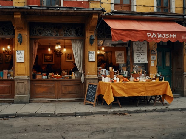 Auf dem Bild sieht man ein charmantes Restaurant in Kiew mit einem einladenden Außenbereich. Der Eingangsbereich ist farbenfroh gestaltet, mit einem warmen Licht, das durch die Fenster strahlt. Vor dem Restaurant steht ein großer, orangefarbenen Tisch, der mit verschiedenen kulinarischen Köstlichkeiten gedeckt ist – darunter frisches Obst und weiße Töpfe.Solche Orte sind typisch für die kulinarischen Erlebnisse in Kiew, wo die lokale Gastronomie oft eine Mischung aus traditioneller und moderner Küche bietet. Gerichte wie Borschtsch oder Wareniki könnten hier serviert werden, ergänzt durch frische, regionale Zutaten. Die Atmosphäre lädt dazu ein, die ukrainische Kultur und ihre gastronomischen Besonderheiten zu genießen.