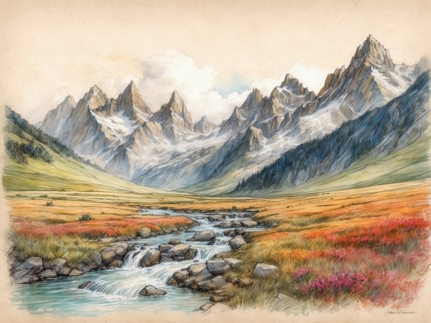 Auf dem Bild sind majestätische Berge zu sehen, die von einem klaren, plätschernden Fluss durchzogen werden. Diese Landschaft könnte typisch für einen Nationalpark sein, in dem Besucher Aktivitäten wie Wandern auf gut markierten Trails genießen können.Zudem könnten Familien Picknicks in den bunten Wiesen machen oder die Tiere, die in der Umgebung leben, beobachten. Für Abenteuerlustige gibt es möglicherweise auch Möglichkeiten zum Klettern oder Radfahren. Der Fluss selbst könnte zum Angeln oder für Bootsfahrten einladen. In solch einer Umgebung fühlen sich Naturfreunde ganz besonders wohl, während sie die atemberaubende Aussicht auf die Berglandschaft und die Tierwelt erleben.