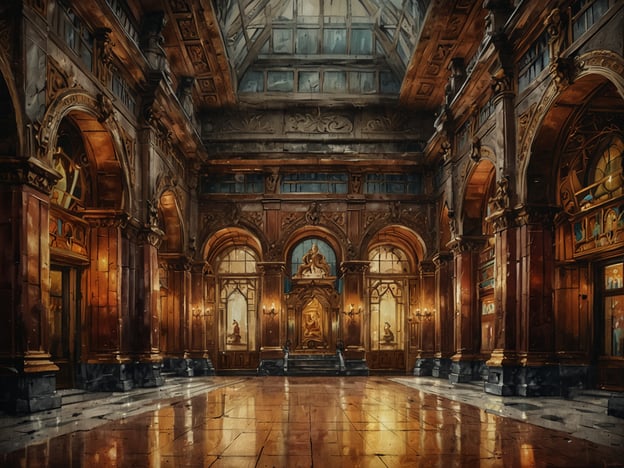 Auf dem Bild ist eine beeindruckende Architektur zu sehen, die majestätische Elemente und kunstvolle Details kombiniert. Die hohe Decke, die von großen Fenstern durchzogen ist, sorgt für viel Licht und vermittelt ein Gefühl von Weite und Erhabenheit. Die Wände sind reich verziert, wobei reichhaltige Holzarbeiten und Säulen den Raum gliedern.Diese Art von Architektur, oft im neoklassizistischen oder barocken Stil, spiegelt das Streben nach Pracht und Schönheit wider, wie sie in öffentlichen Gebäuden des 19. Jahrhunderts häufig anzutreffen ist. Historisch gesehen wurden solche Räume oft für repräsentative Funktionen genutzt, wie z. B. für Ausstellungen, Ballsäle oder als Versammlungsorte, was ihre Bedeutung in der Gesellschaft und Kultur unterstreicht.Die reflektierenden Böden und die sanfte Beleuchtung durch Wandlampen tragen zur eleganten Atmosphäre bei und laden den Betrachter ein, die Kunstwerke und Skulpturen, die im Raum ausgestellt sind, zu bewundern. Solch eine Architektur erzählt Geschichten von Vergangenheit und Tradition, die in jedem Detail spürbar sind.