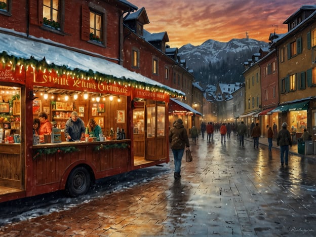 Auf dem Bild ist eine winterliche Szenerie mit festlich beleuchteten Marktständen zu sehen. Die Umgebung wirkt gemütlich, wahrscheinlich handelt es sich um einen Weihnachtsmarkt in einer malerischen Stadt.**Beste Reisezeit:** Die besten Monate für einen Besuch könnten Dezember bis Januar sein, wenn Weihnachtsmärkte in voller Pracht stattfinden und die Stadt festlich dekoriert ist.**Klima:** Zu dieser Jahreszeit ist es in der Regel kühl bis kalt, oft mit Schnee. Warme Kleidung und möglicherweise auch wetterfeste Schuhe sind empfehlenswert, um die winterlichen Bedingungen angenehm zu genießen.