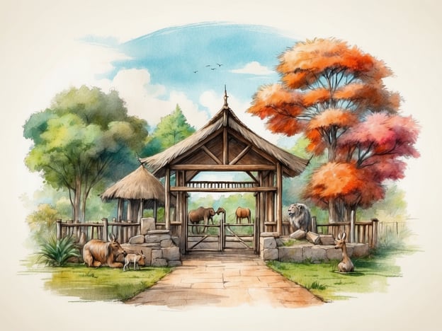Eine idyllische Szene im Naturzoo Rheine zeigt einen offenen Eingang mit einer traditionellen Holzkonstruktion und einem strohgedeckten Dach. Auf beiden Seiten des Eingangs stehen grüne Bäume, während im Hintergrund ein wunderschöner Himmel mit einigen Wolken zu sehen ist. Vor dem Eingang sind verschiedene Tiere versammelt, darunter ein Löwe, der majestätisch auf einem Stein sitzt, sowie eine andere Tierart, die in der Nähe grast. Im Vordergrund sind ein Reh und ein kleiner Vierbeiner zu sehen, die die friedliche Umgebung erkunden. Die gesamte Szenerie strahlt eine harmonische Verbindung von Natur und Tierwelt aus.