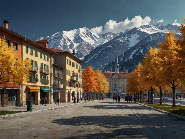 Auf dem Bild ist eine malerische Stadtstraße zu sehen, die von bunten, herbstlichen Bäumen gesäumt ist. Im Hintergrund sind beeindruckende Berge mit schneebedeckten Spitzen zu erkennen. Die hellen Gebäude an den Seiten der Straße verleihen der Szenerie einen einladenden Charakter.Die beste Reisezeit für einen Besuch in einer solchen Region wäre typischerweise im Herbst, wenn die Farben der Bäume besonders schön sind und das Wetter mild ist. In dieser Zeit sind angenehme Temperaturen zu erwarten, ideal für Spaziergänge und um die Landschaft zu genießen.