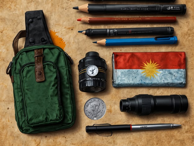 Auf dem Bild sind mehrere Gegenstände zu sehen, die nützlich für eine Reise nach Montenegro sein könnten. Hier ist eine Packliste, die auf den gezeigten Gegenständen basiert:1. **Kleine Tasche/Rucksack** - Ideal für persönliche Sachen oder Tagesausflüge.2. **Schreibutensilien** - Stifte und Marker für Notizen oder Reiseerinnerungen.3. **Kamera oder Fernglas** - Für die Dokumentation von Eindrücken und die Beobachtung der Natur.4. **Geldmünzen** - Nützlich für kleine Einkäufe.5. **Multi-Tool oder Taschenlampe** - Für verschiedene Anwendungen, die während des Reisens nützlich sein können.Zusätzlich könnte man bedenken, auch persönliche Gegenstände wie Kleidung, Hygieneartikel und Reiseführer einzupacken.