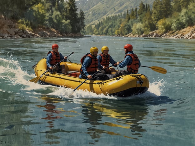 Auf dem Bild sind vier Personen in einem gelben Schlauchboot zu sehen, die in einem ruhigen Fluss paddeln. Sie tragen Schutzhelme und Schwimmwesten, was auf ein Abenteuer in der Natur hinweist.Solche Aktivitäten bieten eine tolle Möglichkeit, Adrenalin und Spaß zu kombinieren! Wenn du Abenteuer suchst, könntest du auch an Aktivitäten wie Kajakfahren, Wildwasser-Rafting oder sogar an einer entspannenden Floßfahrt interessiert sein. Darüber hinaus gibt es auch Möglichkeiten zum Wandern in den umliegenden Bergen oder zum Radfahren entlang malerischer Strecken. Für jeden Geschmack ist etwas dabei!