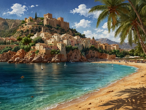 Auf dem Bild ist ein malerischer Strand mit klarem, blauem Wasser und einer steilen Küste mit einem kleinen Dorf und einer Festung im Hintergrund zu sehen. Die Umgebung ist von Palmen und leicht hügeligen Landschaften geprägt.**Beste Reisezeit**: Die beste Reisezeit für solche Küstenregionen ist oft von Mai bis September, wenn das Wetter warm und sonnig ist.**Klima**: Das Klima ist in der Regel mediterran, mit warmen, trockenen Sommern und milden, feuchten Wintern. Dadurch ist die Region ideal für Strandurlauber und Outdoor-Aktivitäten.