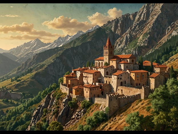 Das Bild zeigt eine malerische Berglandschaft mit einer charmanten, mittelalterlichen Siedlung, die auf einer Anhöhe thront. Umgeben von beeindruckenden Bergen und üppigem Grün spiegelt es die natürliche Schönheit und die faszinierende Architektur wider, die man im Kosovo finden kann.Der Kosovo ist bekannt für seine atemberaubenden Landschaften, die von majestätischen Bergen bis hin zu grünen Tälern reichen. Diese Szenerie hebt die friedliche Atmosphäre und die kulturelle Tiefe hervor, die der Kosovo zu bieten hat. Historische Städte, traditionelle Dörfer und unberührte Natur sind nur einige der vielen Schätze, die Besucher erwarten.