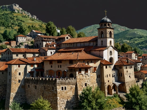 Auf dem Bild ist eine beeindruckende historische Stadtlandschaft zu sehen, die von charmanten, traditionellen Gebäuden mit roten Dächern geprägt ist. Im Mittelpunkt steht eine große Kirche mit einem markanten Turm, der durch ein goldenes Kreuz geschmückt ist. Diese reizvolle Stadt liegt malerisch eingebettet in eine hügelige Landschaft, umgeben von üppigem Grün.Solche Städte sind oft kulturelle Schätze, die nicht nur architektonische Schönheit bieten, sondern auch reich an Geschichte und Traditionen sind. Die steinernen Mauern und die gut erhaltenen Gebäude könnten auf eine lange Geschichte hindeuten, die Besucher anzieht, die die Geschichte und Kultur dieser Region erleben möchten.