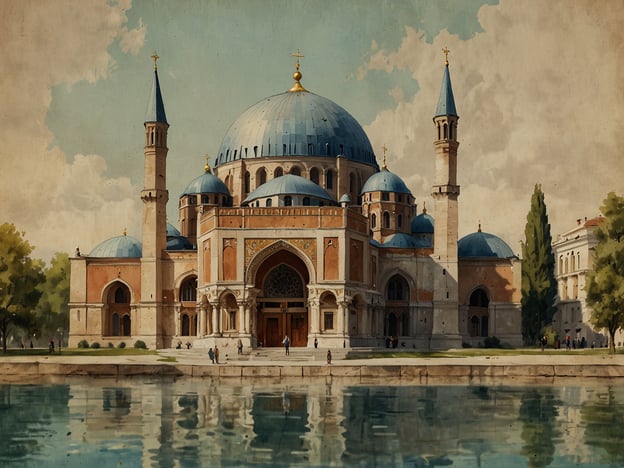 Auf dem Bild ist eine majestätische und kunstvoll gestaltete Moschee zu sehen, die wahrscheinlich von der reichen Geschichte und kulturellen Vielfalt Bukarests inspiriert ist. Bukarest, oft als "Klein Wien" bezeichnet, hat architektonisch einen bemerkenswerten Einfluss verschiedener Stile, darunter neoklassizistische, barocke und byzantinische Elemente.Die Moschee auf dem Bild zeigt majestätische Kuppeln und Minarette, die an die florierenden Zeiten der osmanischen Herrschaft in der Region erinnern. Diese Phase prägte nicht nur die Architektur der Stadt, sondern auch ihre Kultur, Küche und Traditionen. Das Wasser spiegelnd verstärkt die Schönheit der Moschee und symbolisiert die Harmonie zwischen den Kulturen, die Bukarest auszeichnen.Insgesamt spiegelt das Bild die faszinierende Geschichte und kulturelle Vielfalt Bukarests wider, die von unterschiedlichen Epochen und Einflüssen geprägt ist.