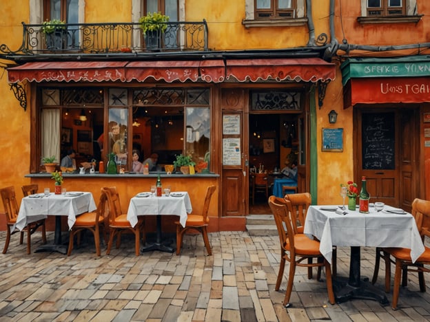 Auf dem Bild ist eineinladendes Restaurant in Bukarest zu sehen. Die warme, gelbe Fassade und die dekorativen Fenster verleihen dem Ort einen charmanten Charakter. Es sind mehrere Tische im Freien mit weißen Tischdecken gedeckt, die darauf warten, von Gästen besetzt zu werden.Solche Orte in Bukarest sind bekannt für ihre kulinarischen Erlebnisse, die von traditionellen rumänischen Gerichten wie Sarmale (gefüllte Kohlrouladen) bis hin zu modernen Interpretation der regionalen Küche reichen. Viele Restaurants bieten außerdem ein angenehmes Ambiente und gelegentlich Live-Musik, wodurch das Dinieren zu einem ganz besonderen Erlebnis wird.